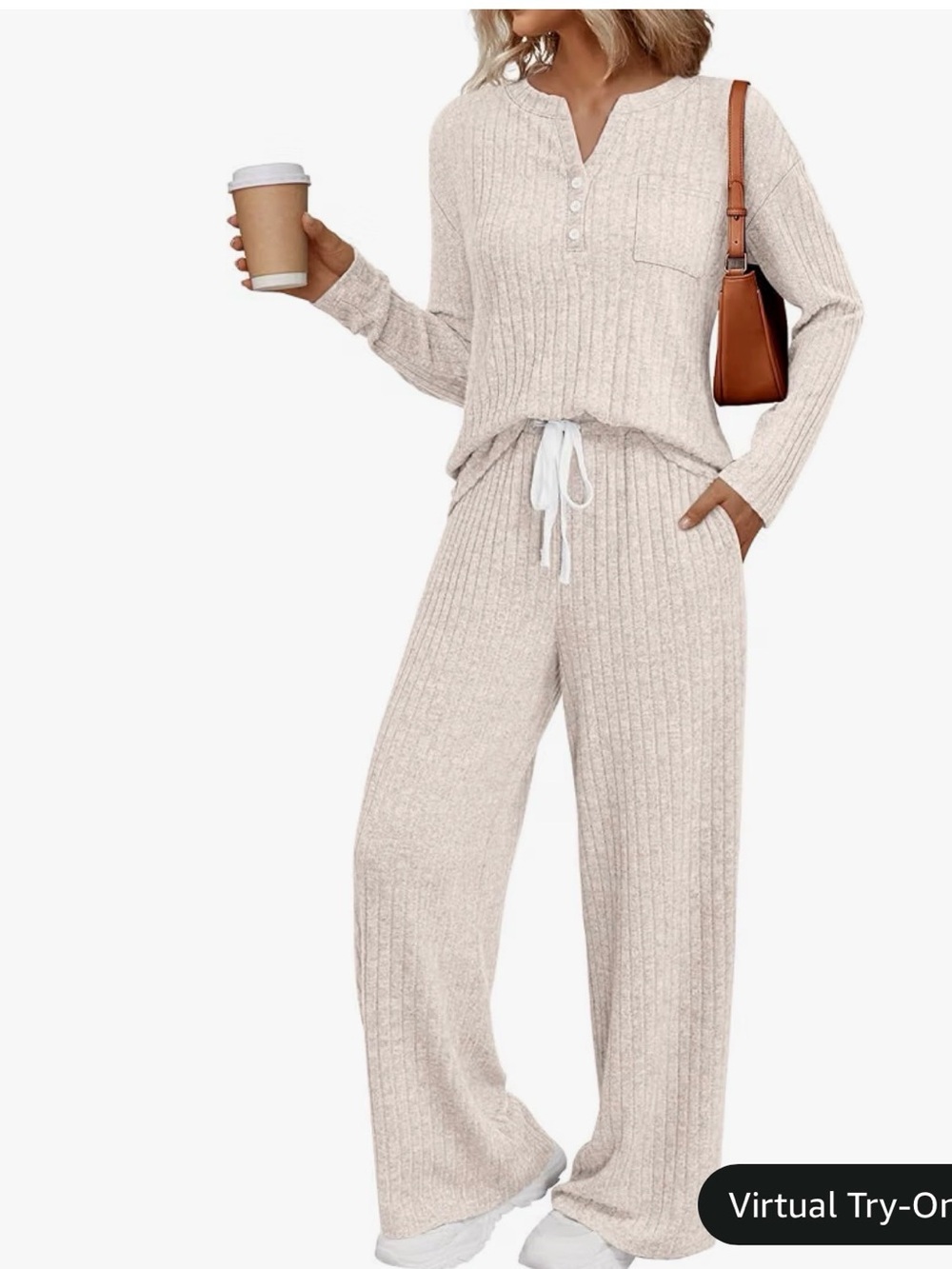 Cozy Ribbed Knit Loungewear Set - Cream
